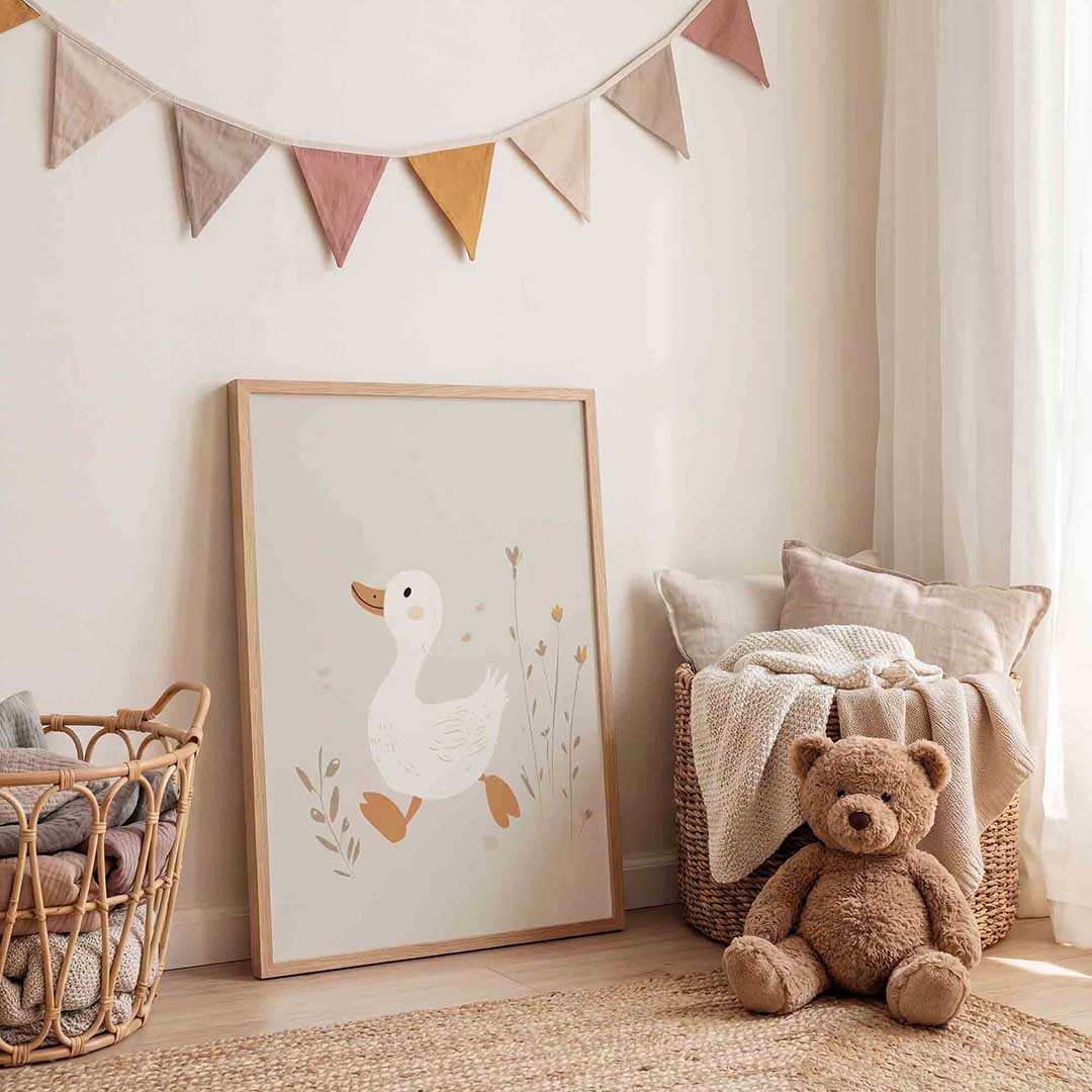 Eend met bloemen – speelse wandkunst als portret kinderposter
