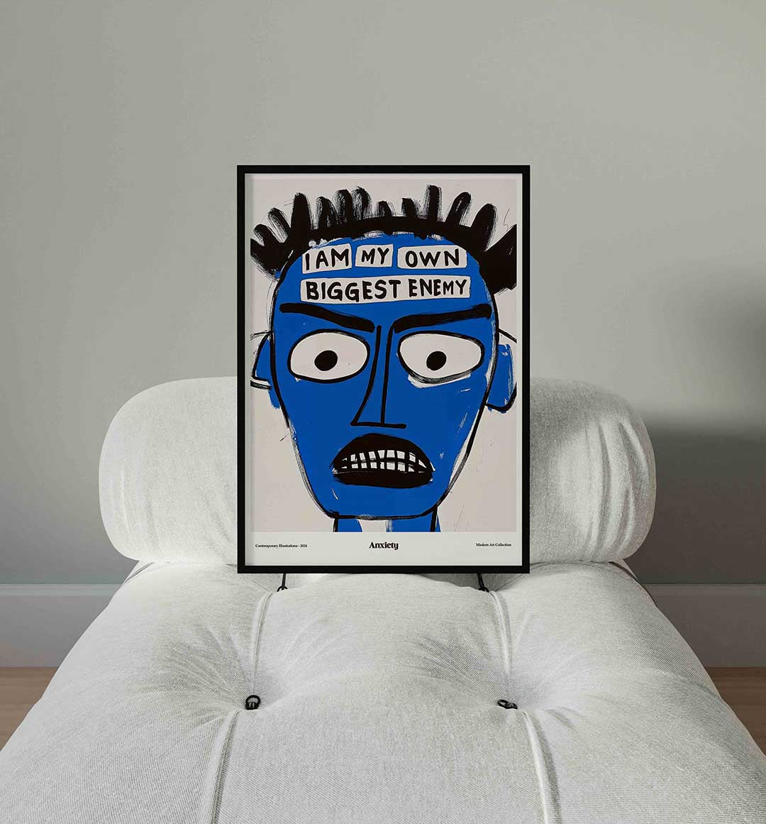 Blauw gezicht met tekst – staande Pop Art wanddecoratie van WallArtistic