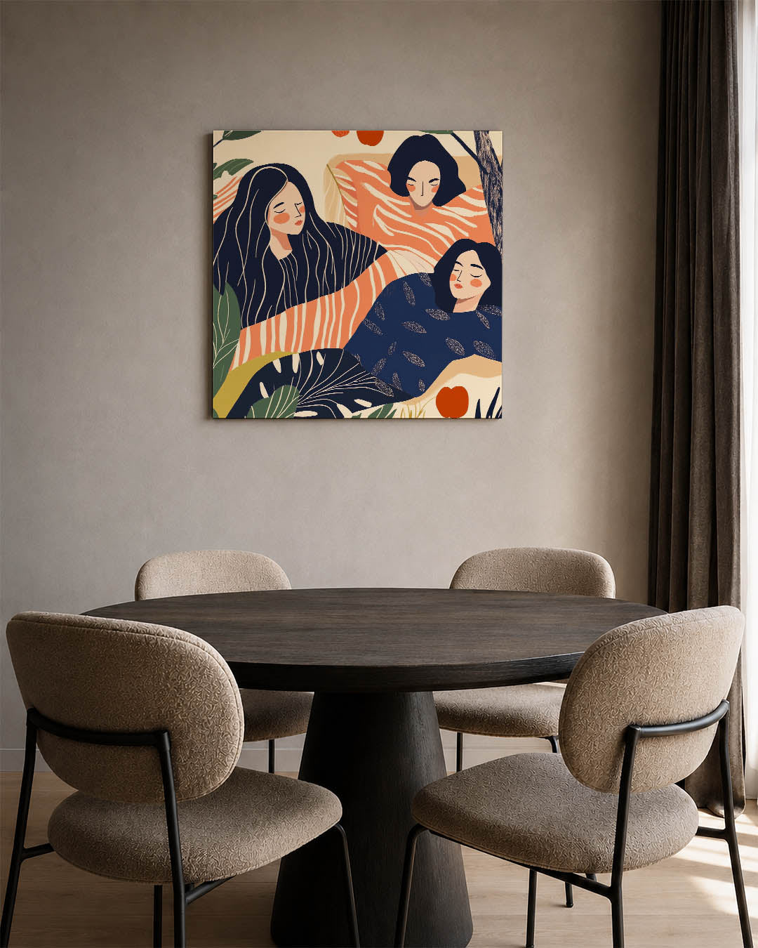 Dromerige figuren kunstwerk – derde productweergave – dit kunstwerk toont drie figuren in een compositie met vloeiende lijnen