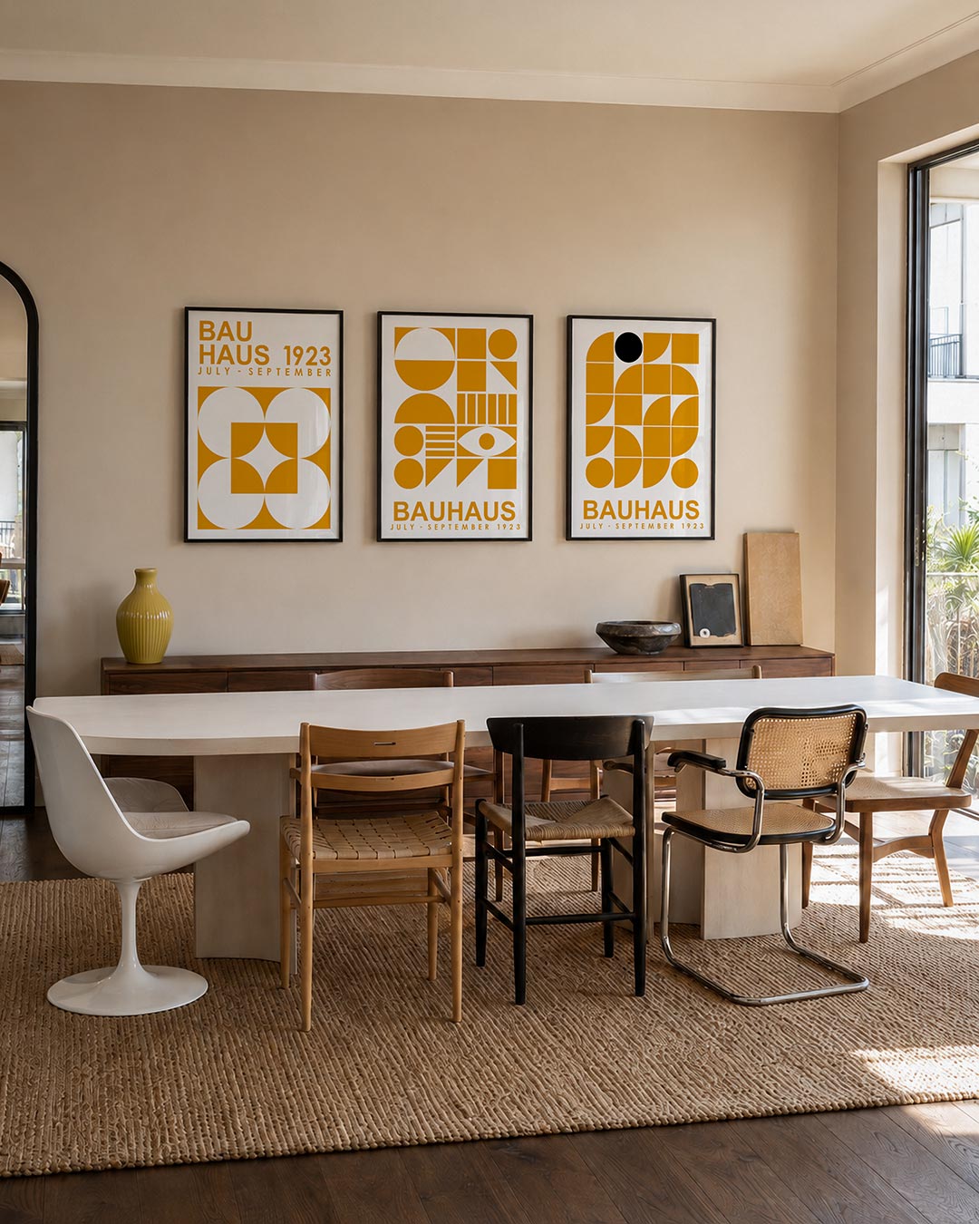 Vormen en vlakken driedelige posterset – deze posterset in drie delen toont een speelse wisselwerking van oranje en wit.