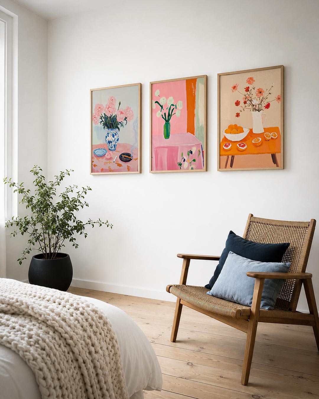Bloemen en rook posterset – detailweergave – een vaas met roze bloemen op een tafel met een roze kleed