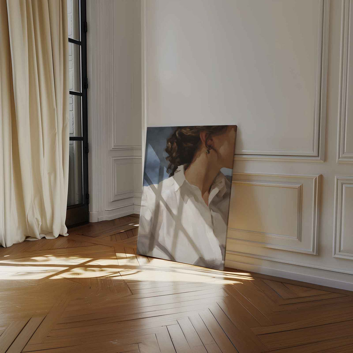 Zacht Portret met Witte Blouse – staand kunstwerk voor modern interieur