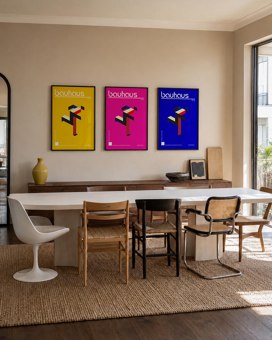 Kleurrijke vormstructuur driedelige posterset – deze posterset in drie delen toont een levendig spel van geometrische vormen