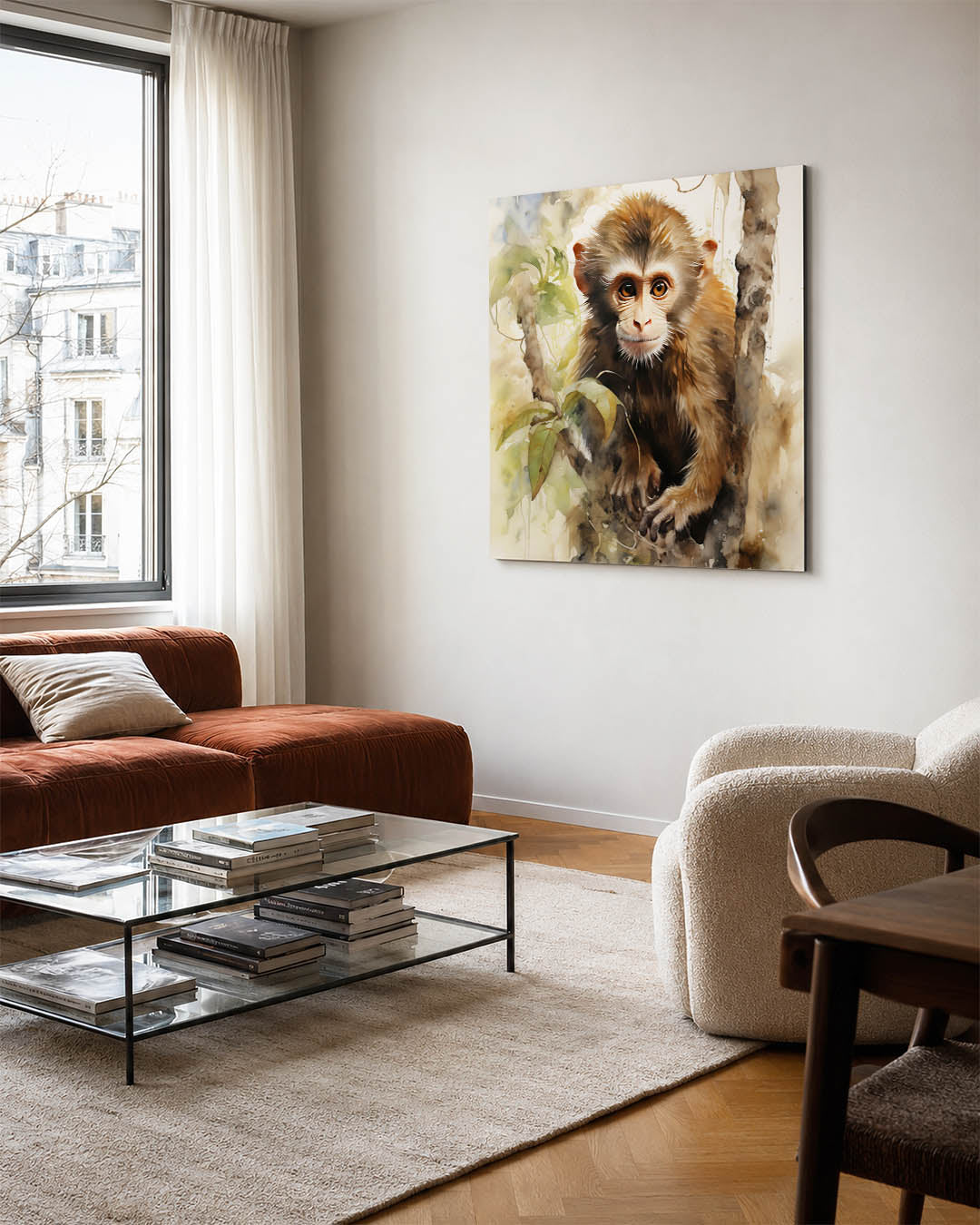 Jungle aap portret kunstwerk – vierkante wanddecoratie – dit kunstwerk toont een gedetailleerd portret van een aap in een