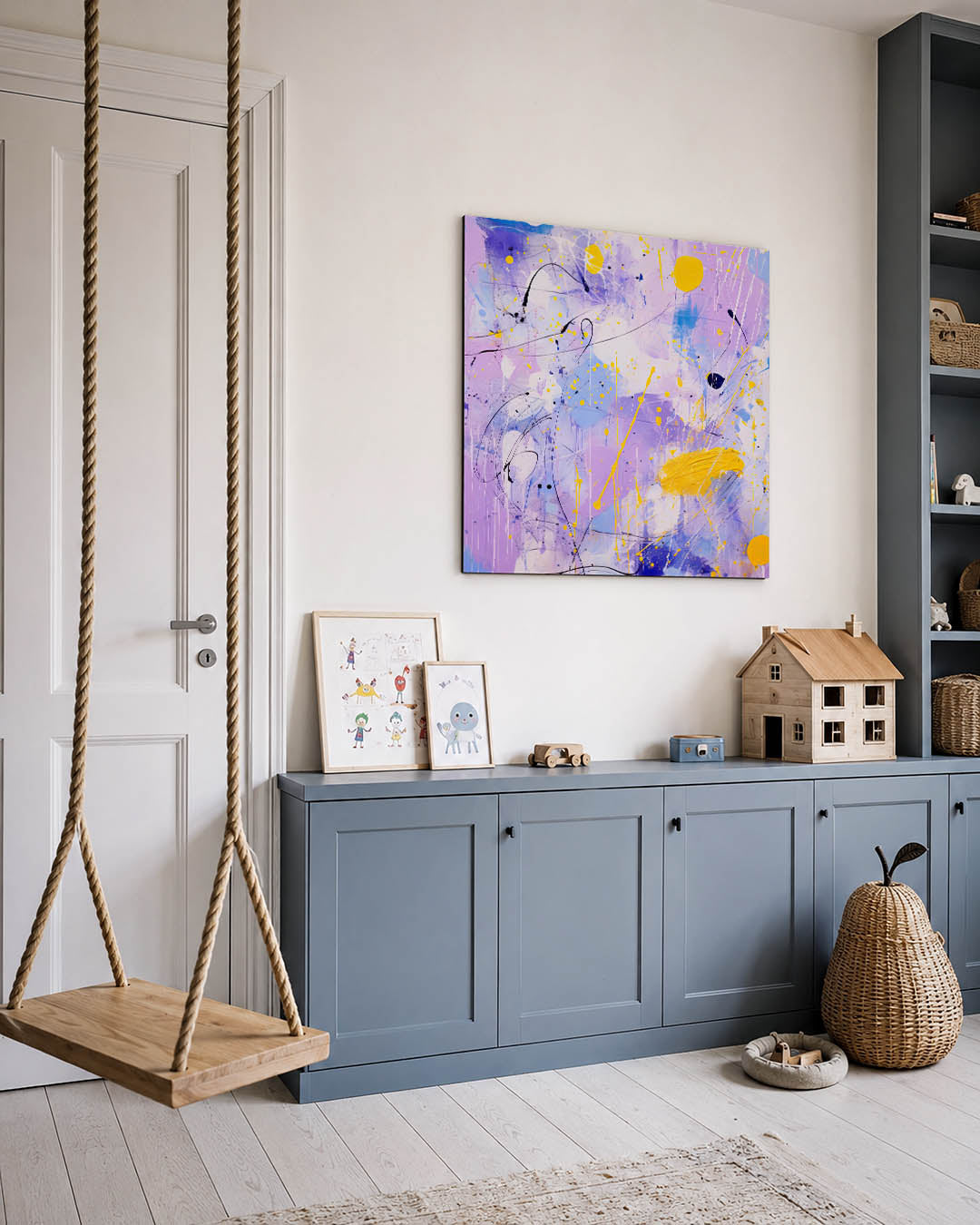 Kleurenexplosie kunstwerk – vierkante wanddecoratie – dit werk toont een levendige mix van vloeiende lijnen en spatten in