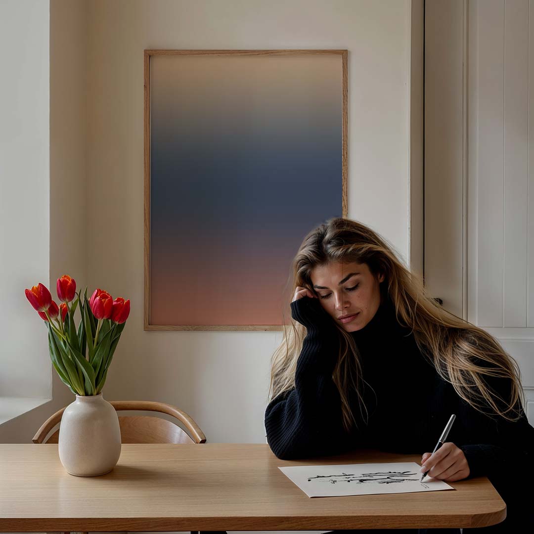 Mystieke Zonsondergang – staande muurposter met kleurrijke abstracte vormen
