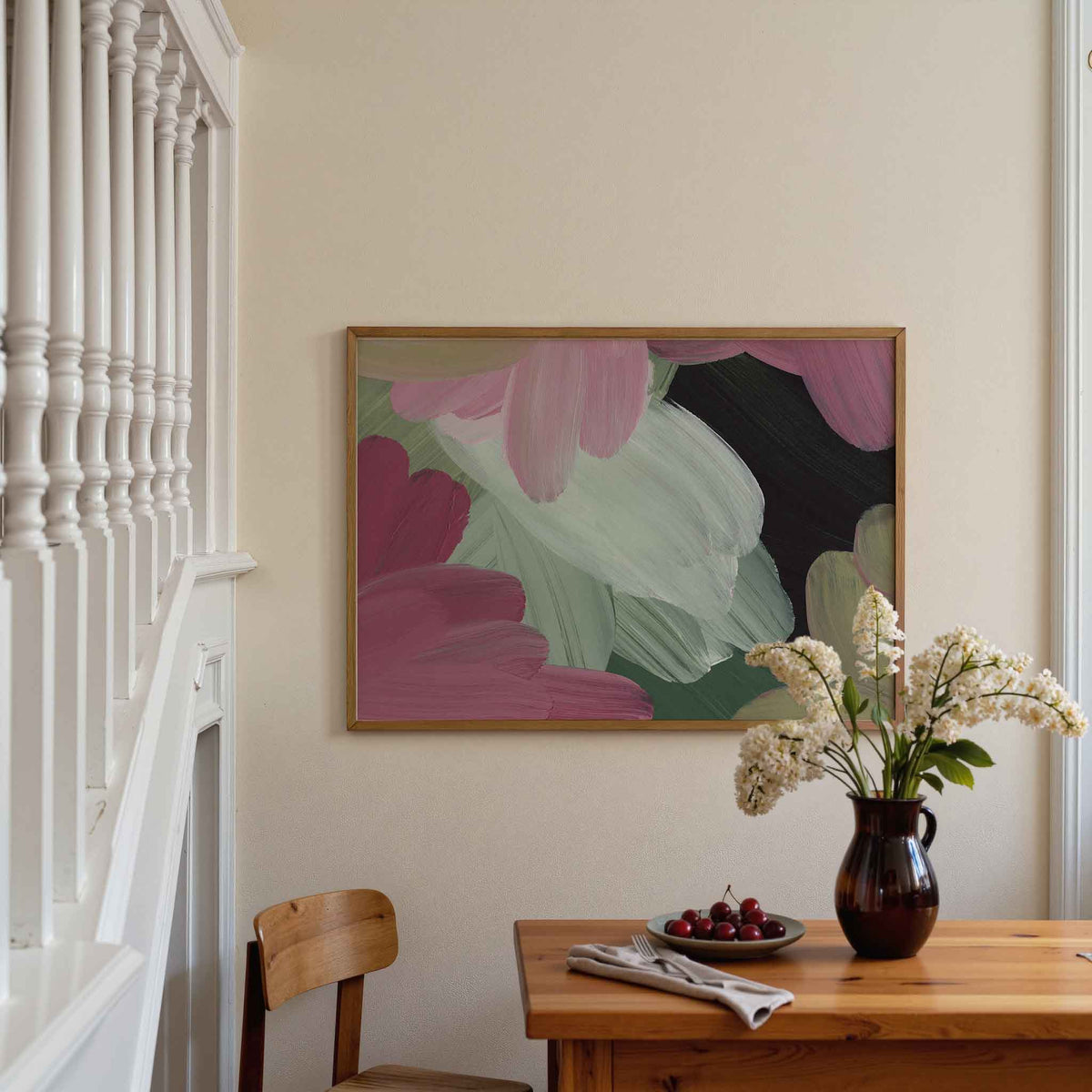 Bloemvormen in roze en groen – artistieke poster in liggend formaat