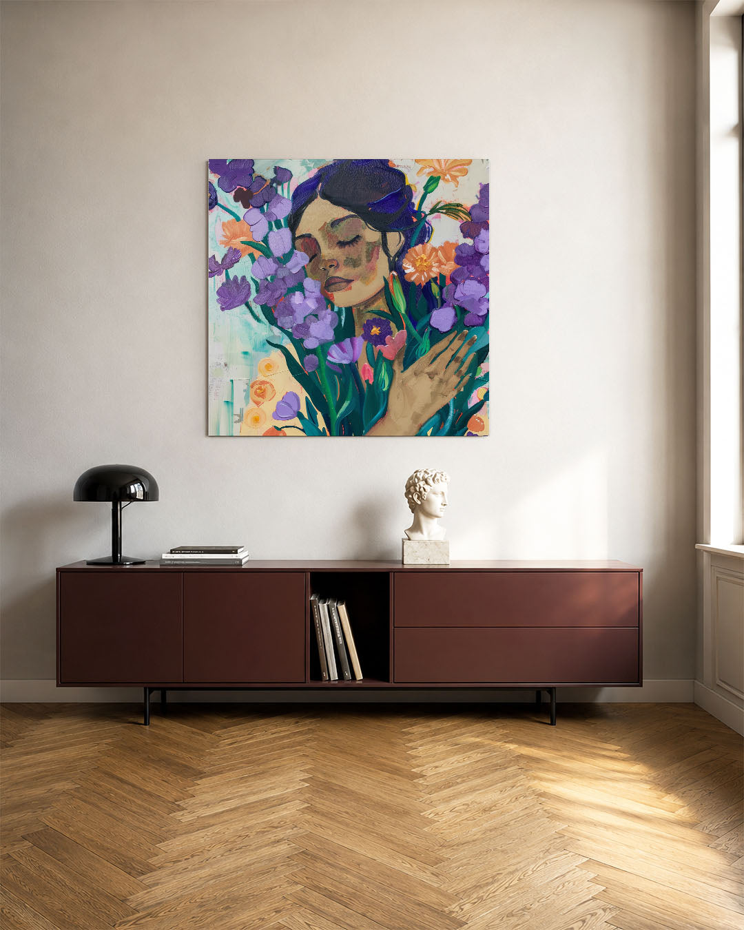 Dromerige bloemenportret kunstwerk – tweede productweergave – dit werk toont een serene vrouw omringd door kleurrijke