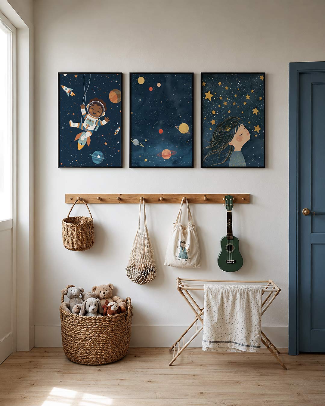 Sterrenhemel droom posterset – detailweergave – een tafereel met een kind dat omhoog kijkt naar een hemel