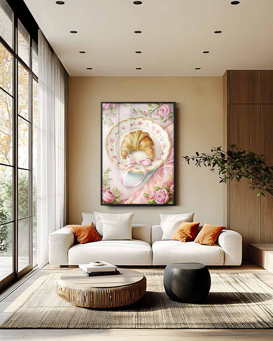 Croissant op Bloemenbord – plexiglas wanddecoratie in portret formaat