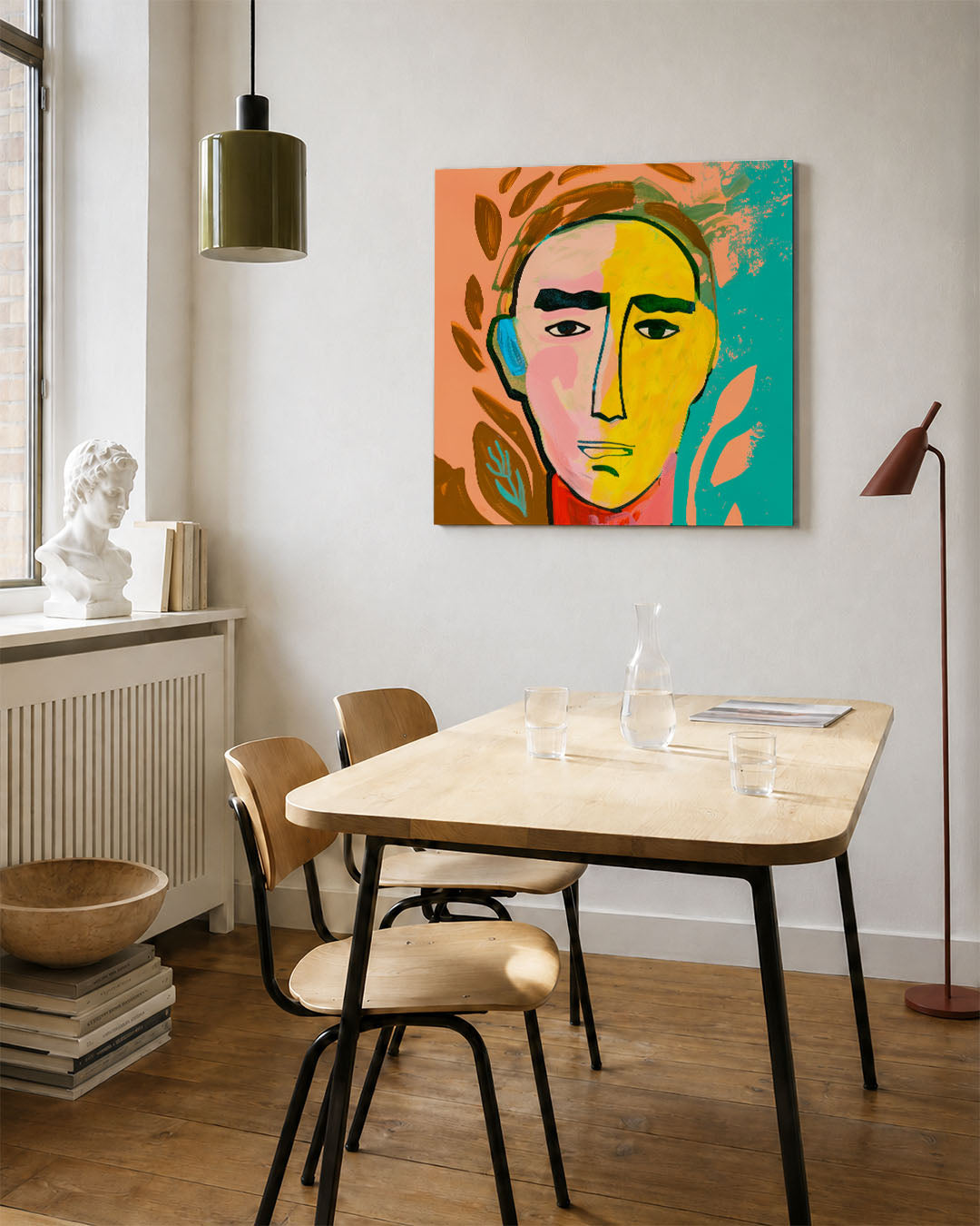 Gezichtsvormen kunstwerk – vierkante wanddecoratie – dit werk toont een gezicht met gedurfde lijnen en contrasterende