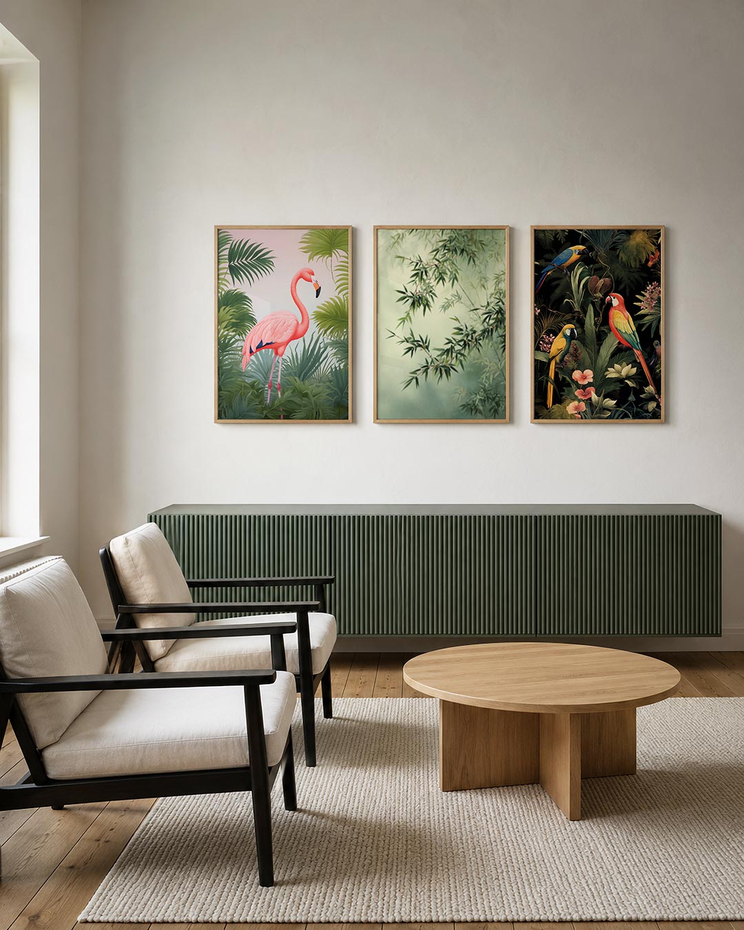 Tropische sereniteit posterset – tweede productweergave – een roze flamingo omringd door weelderige groene bladeren