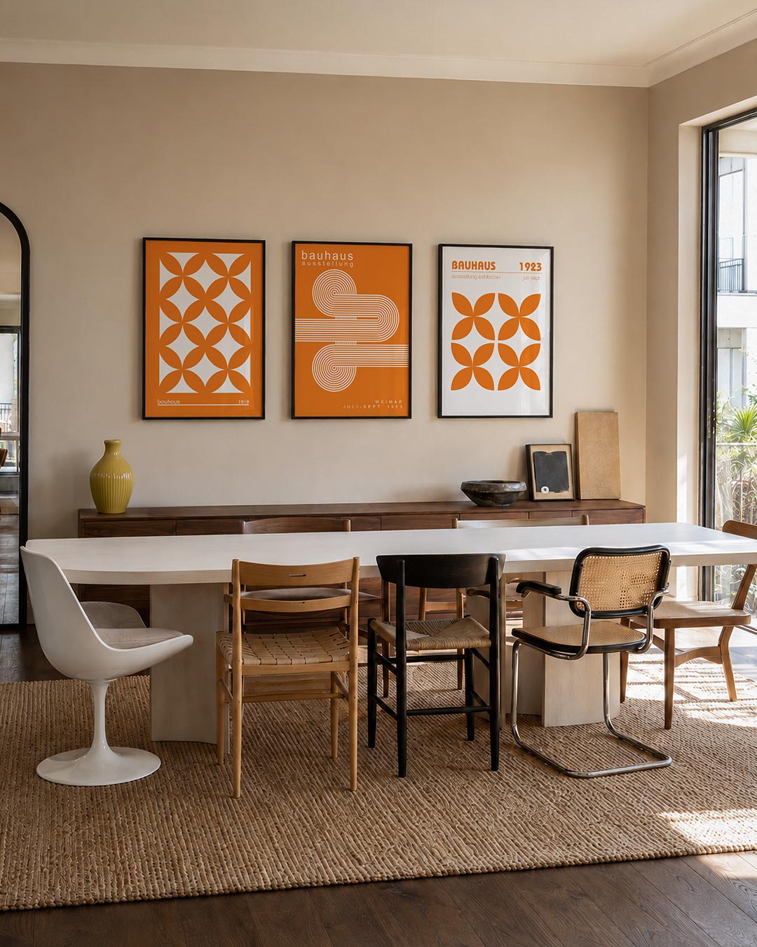 Oranje cirkelpatroon posterset – tweede productweergave – deze posterset in drie delen toont een levendig oranje patroon van
