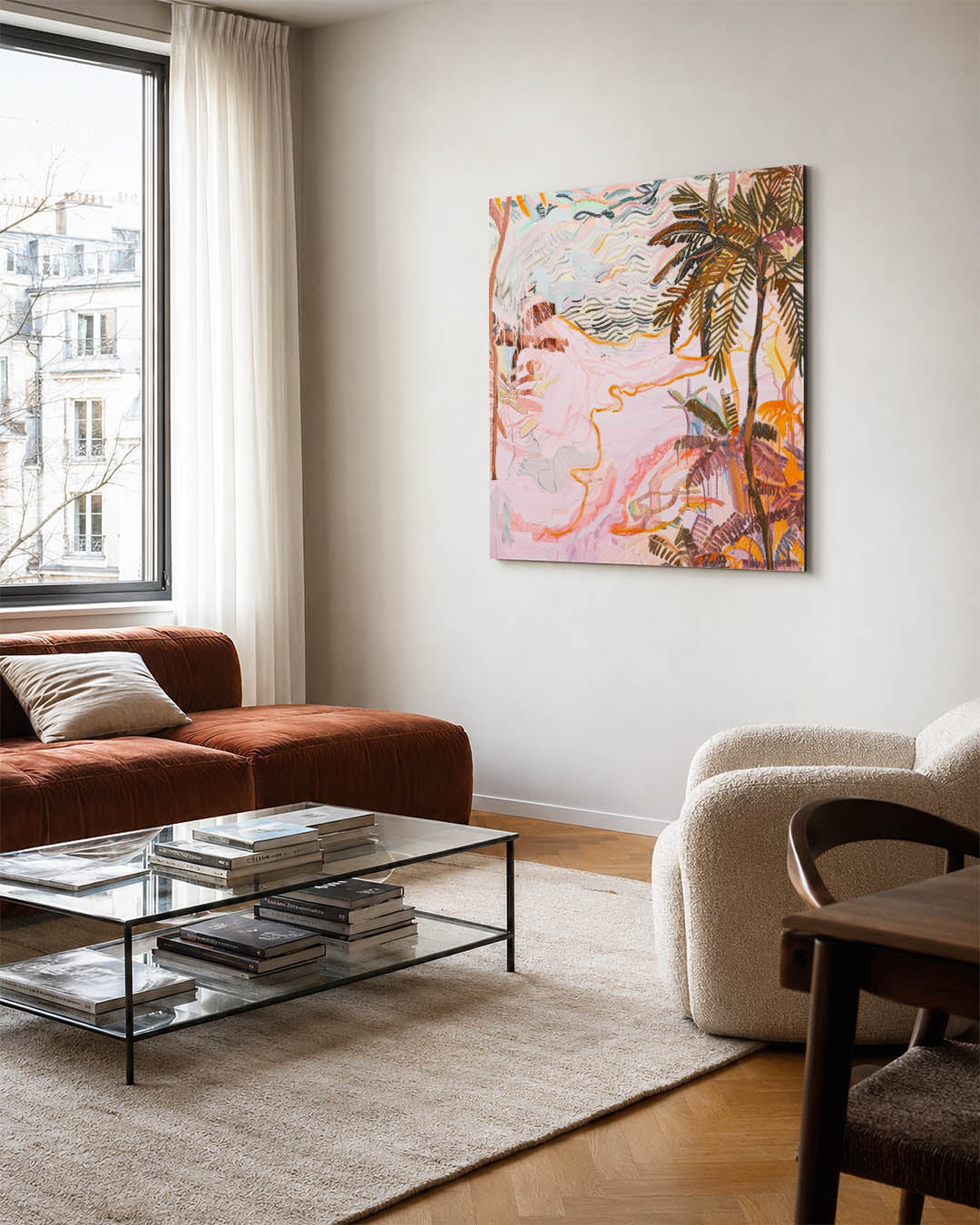 Vrolijke palmen kunstwerk – vierkante wanddecoratie – dit werk toont een levendige compositie van palmbomen met vloeiende