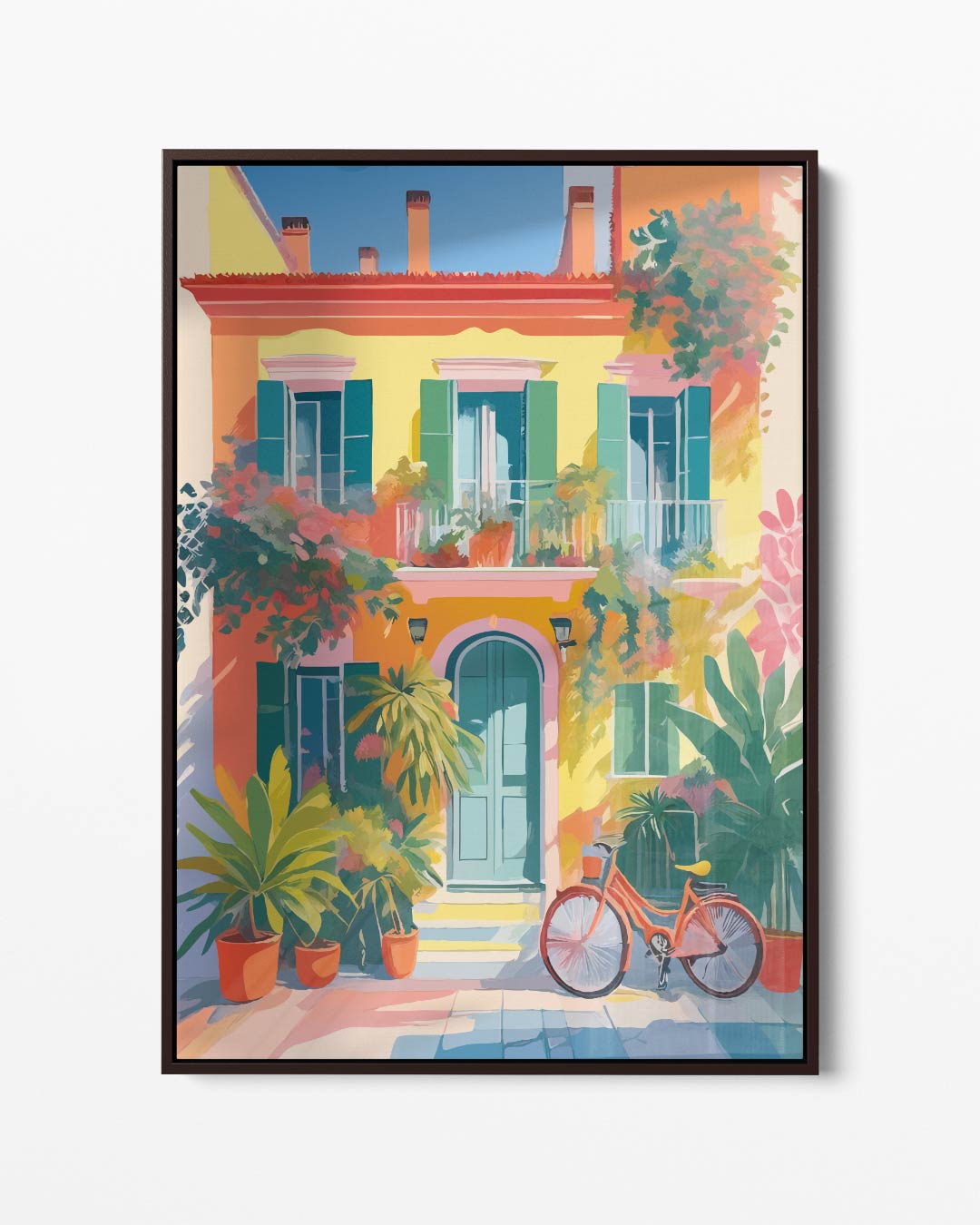 Zomerse gevel met fiets – portret kunstwerk als wanddecoratie