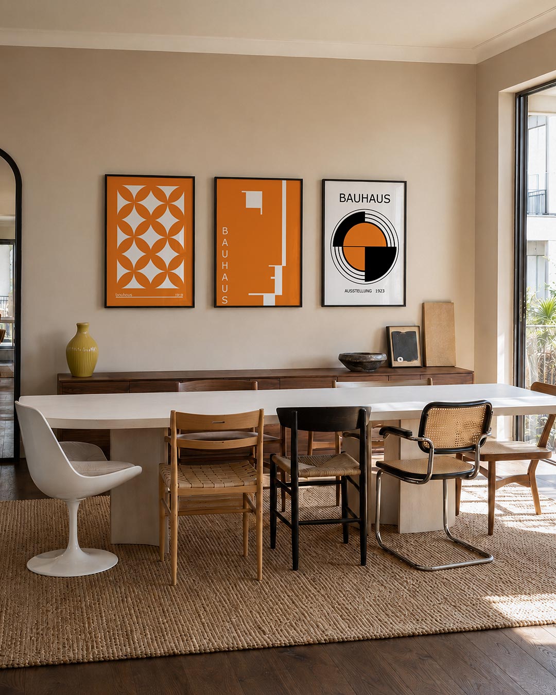 Oranje cirkelpatroon posterset – tweede productweergave – deze posterset in drie delen toont een levendig oranje patroon van