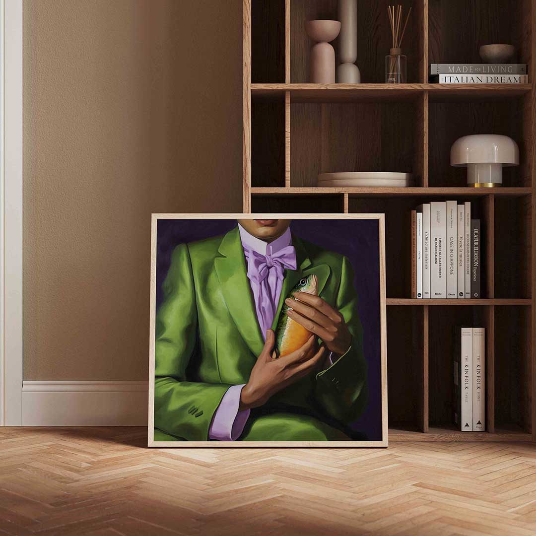 Groen pak met vis – vierkante wanddecoratie met kleur en vorm van WallArtistic