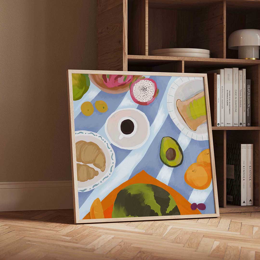 Ontbijt met fruit en koffie – geïllustreerde wandkunst als vierkante poster