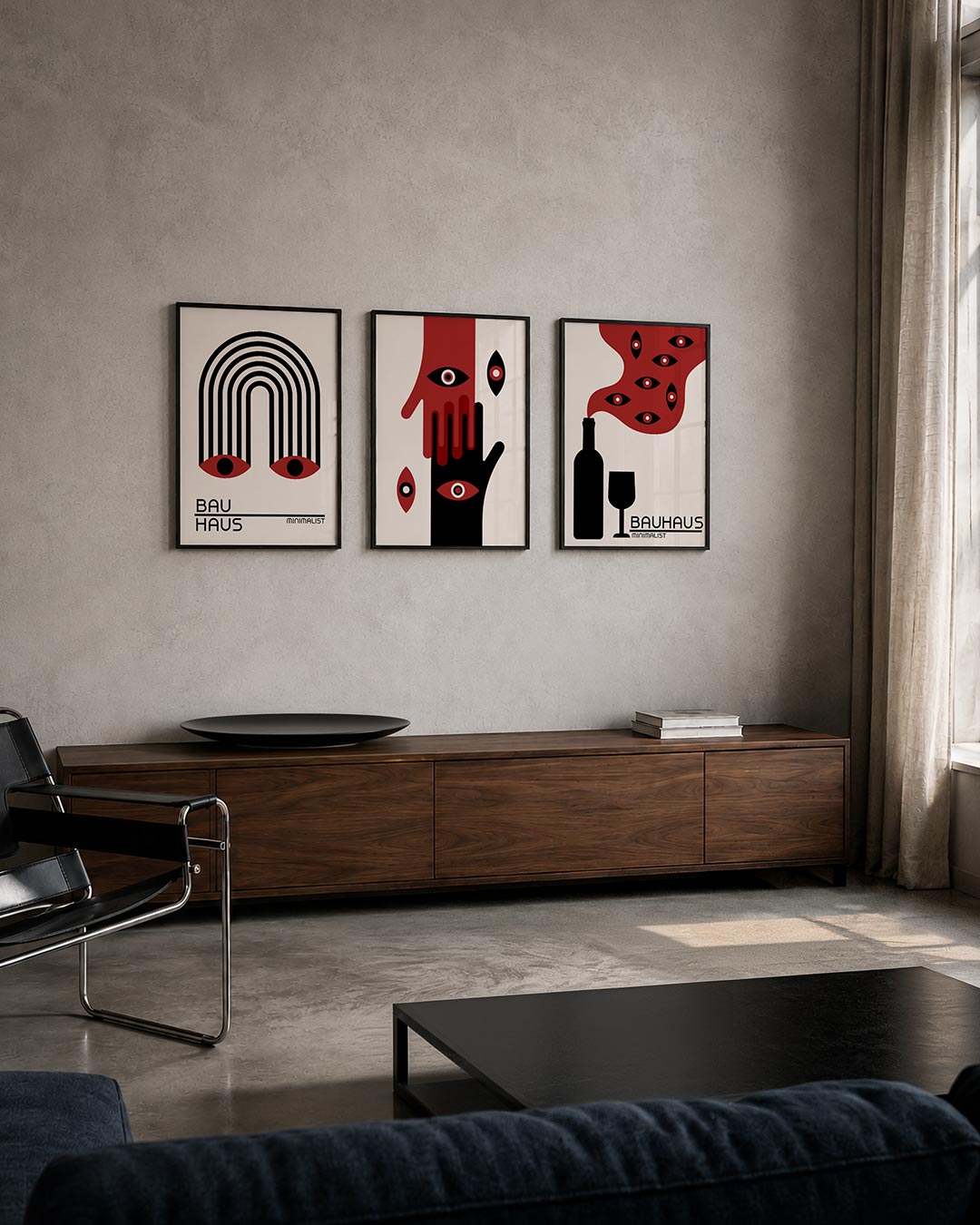 Lijnen en ogen posterset – tweede productweergave – deze posterset in drie delen toont een boog van zwarte lijnen met twee