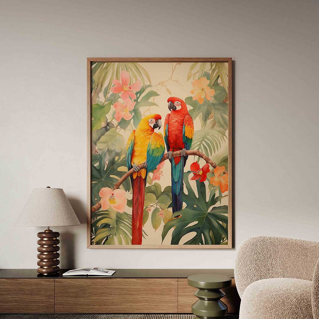 Papegaaien en bloemen – tropische jungle poster in staand formaat