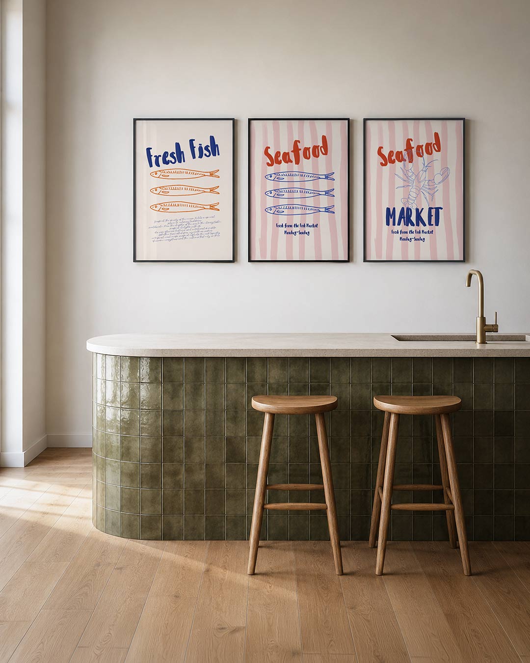 Vissen en letters posterset – tweede productweergave – deze poster toont drie gestileerde oranje vissen onder een