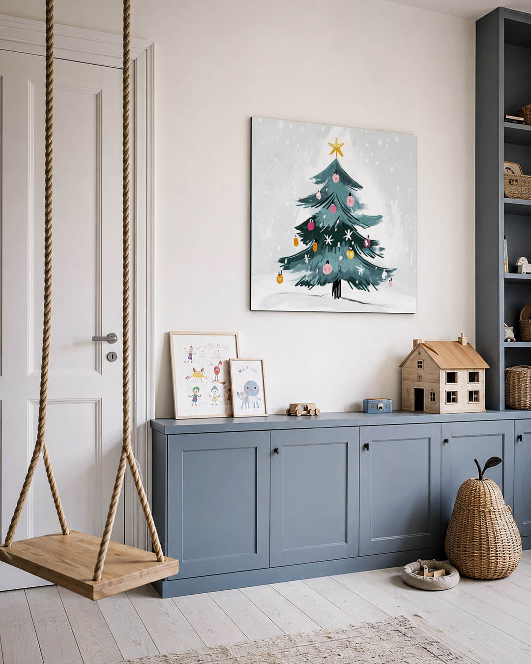 Kleurrijke kerstboom kunstwerk – vierkante wanddecoratie – een sfeervol beeld met een kerstboom versierd met kleurrijke