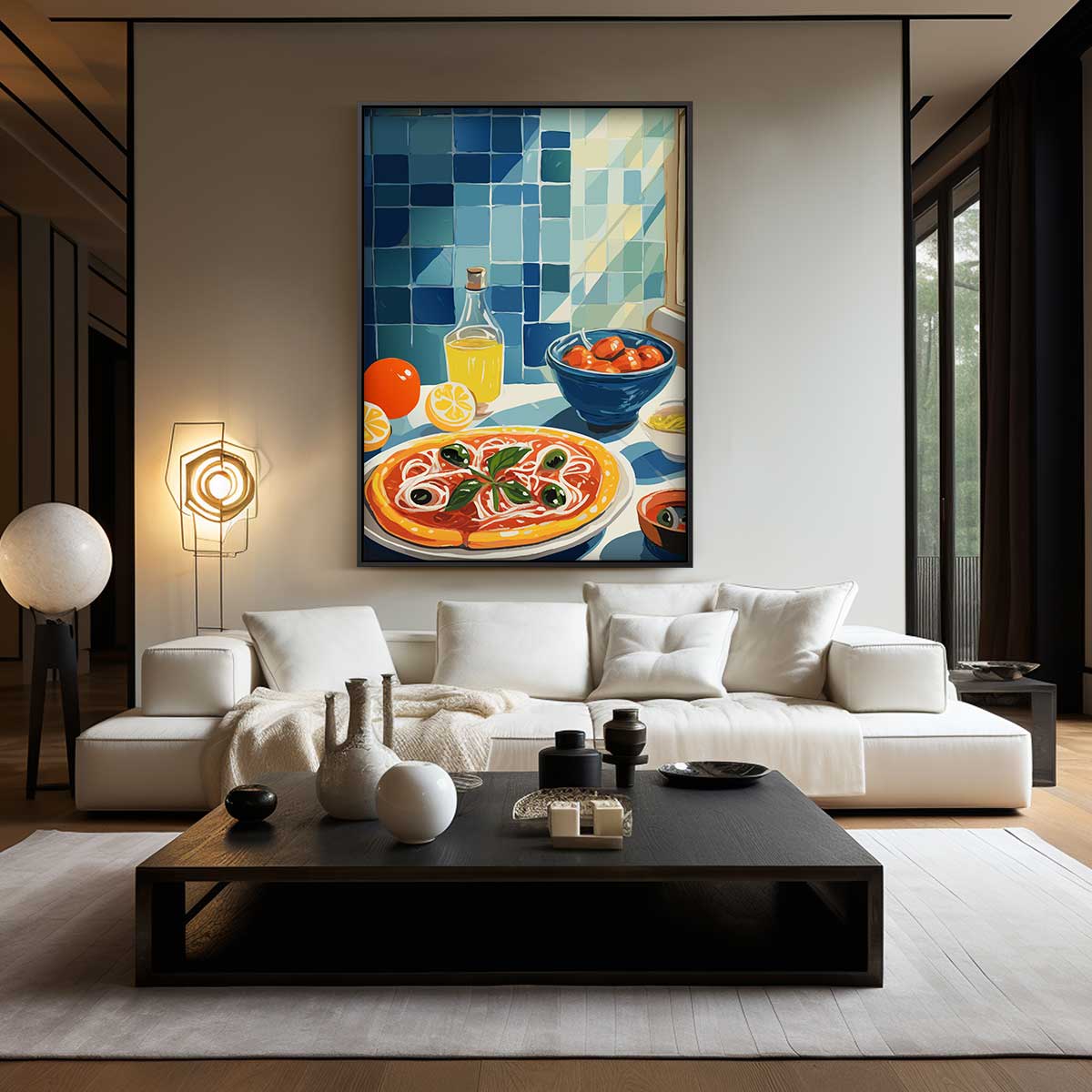 Mediterrane Ontbijt Scène – kunstwerk met zwarte baklijst
