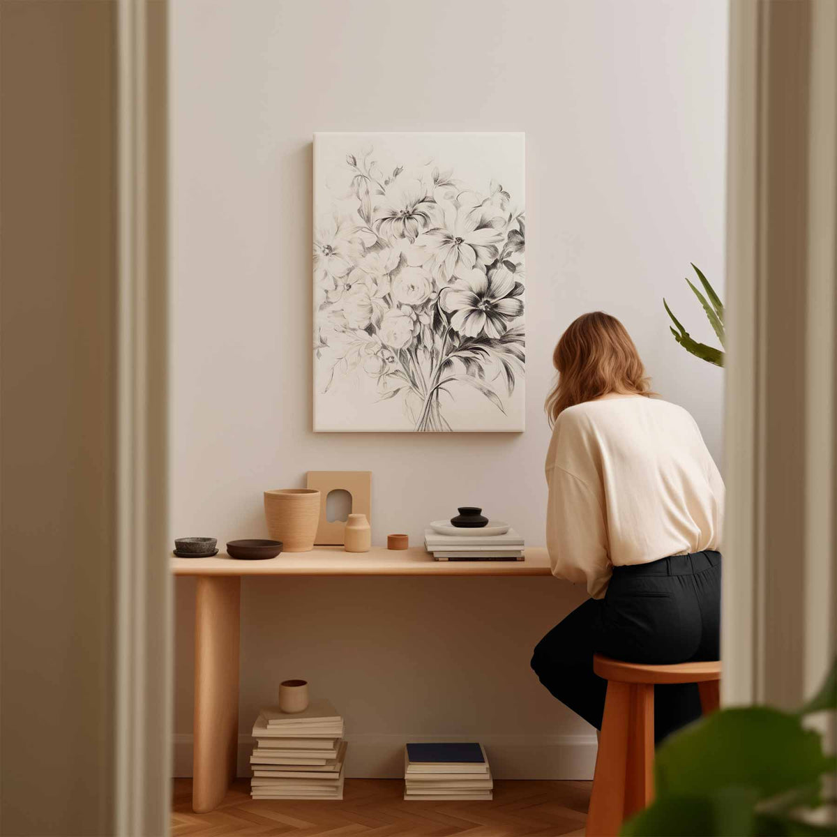 Zwart-wit Bloemenpracht – canvas kunstwerk als wanddecoratie