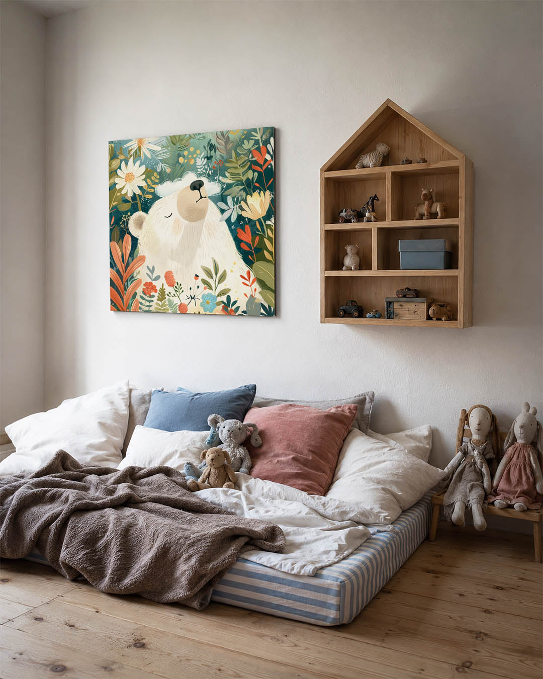 Dromerige beer in bloemen kunstwerk – derde productweergave – een serene beer omringd door kleurrijke bloemen en bladeren. De