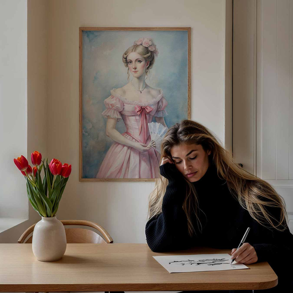 Victoriaanse Dame in Roze Jurk – paasposter in staand formaat