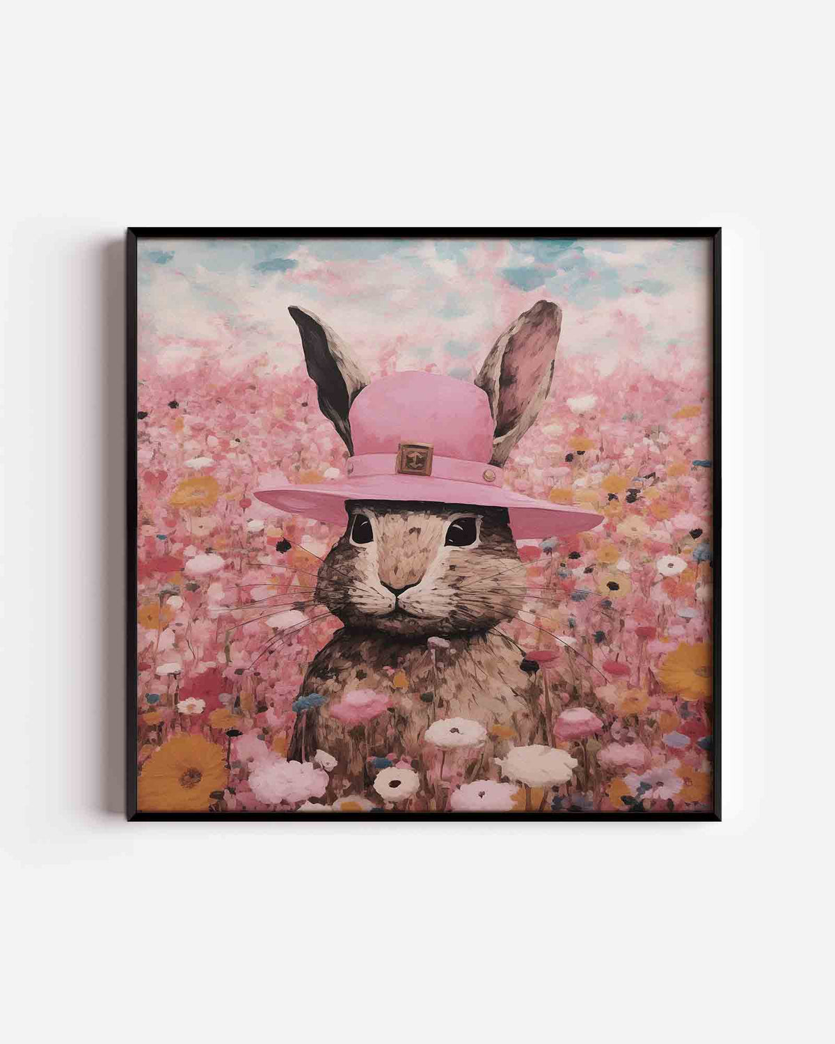 Konijn met roze hoed – vierkante dierenposter als wanddecoratie
