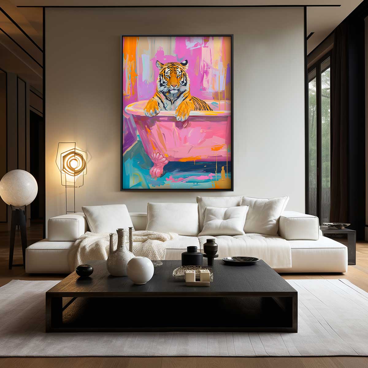 Tijger in de Roze Badkuip – canvas wanddecoratie in portret formaat