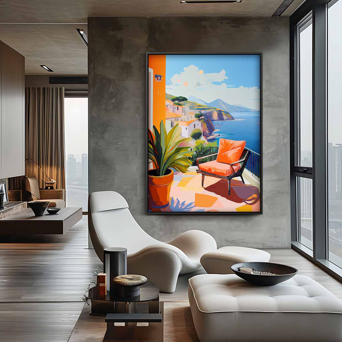 Zonnige Veranda aan Zee – canvas wanddecoratie in portret formaat