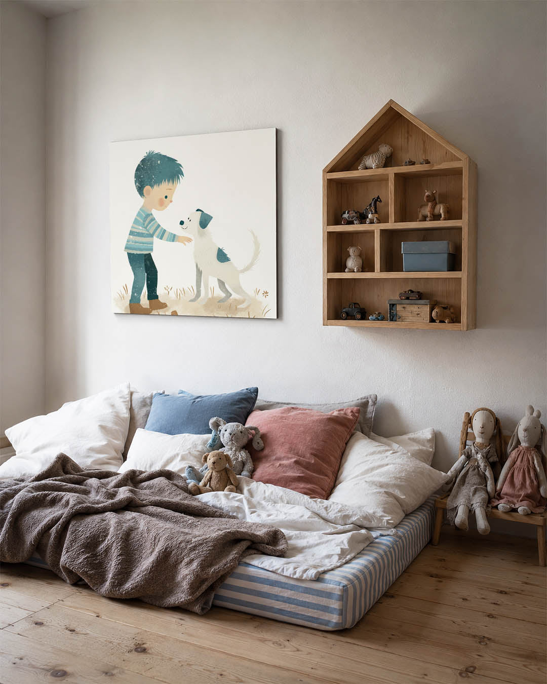 Vriendschap kind en hond kunstwerk – derde productweergave – een jongen met blauw haar en een gestreept shirt streelt een
