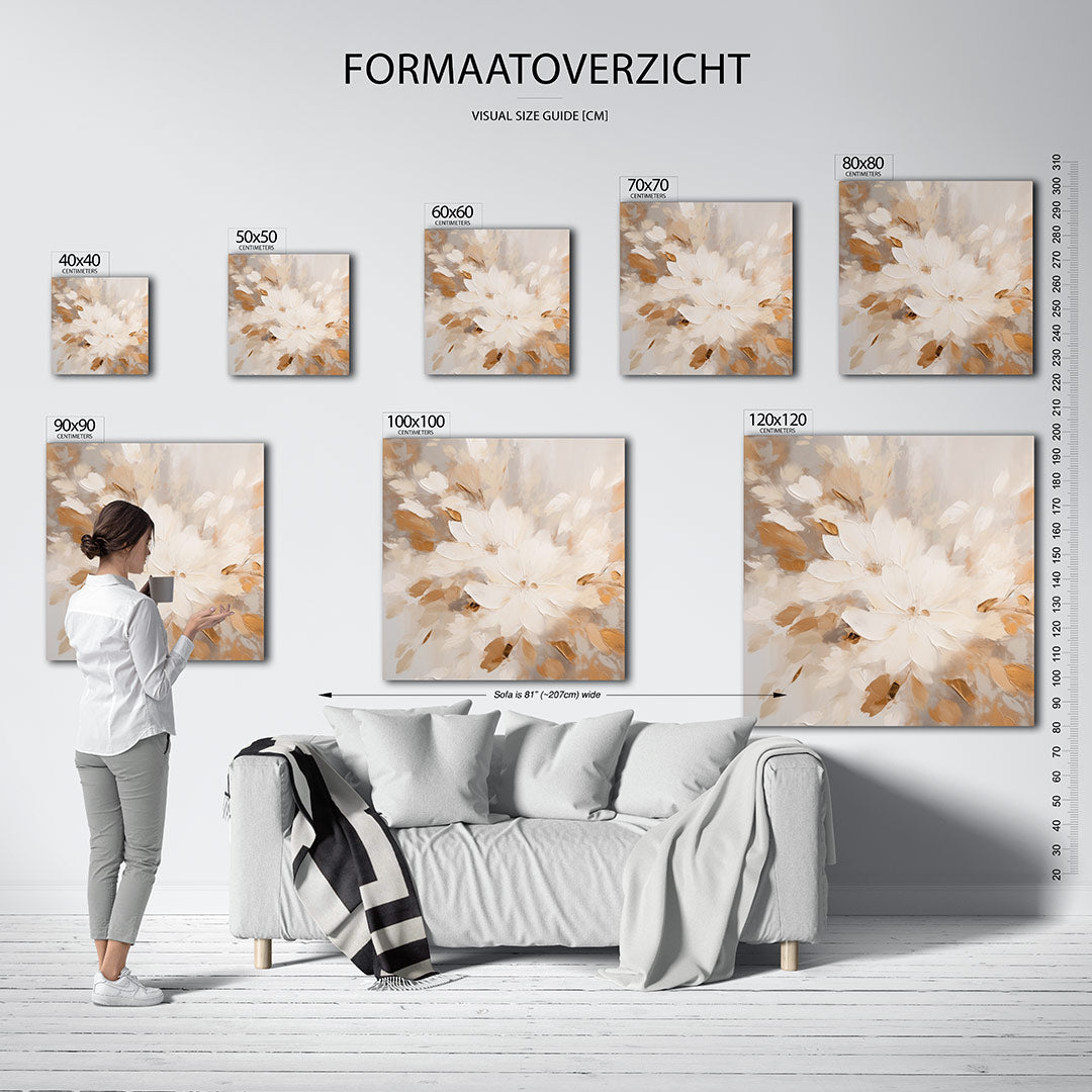 Bloemrijke compositie kunstwerk – dit werk toont een dynamische compositie van vloeiende bloemvormen in zachte beige en bruin