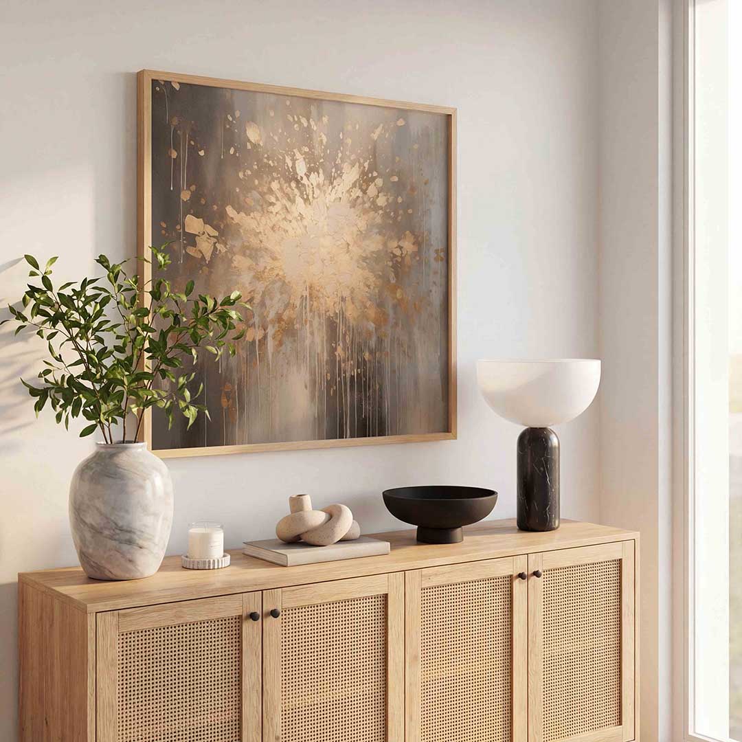 Explosieve gouden spatten – abstracte wandkunst als vierkante poster