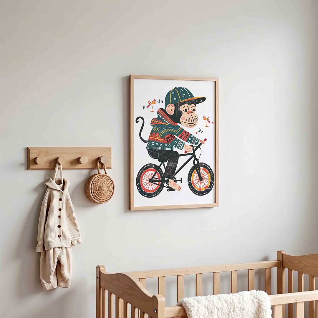 Aap op fiets – kinderposter in staand formaat