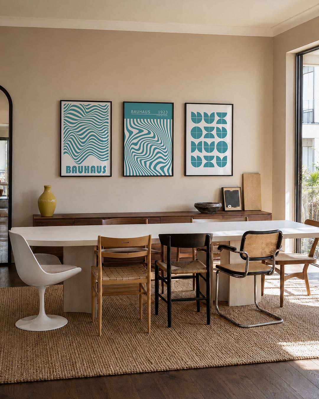 Golvend lijnenspel driedelige posterset – deze posterset in drie delen toont vloeiende, golvende lijnen in blauw en wit. De