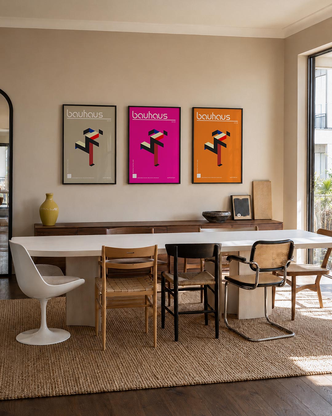 Vorm en kleur driedelige posterset – deze posterset in drie delen toont een dynamisch lijnenspel met blokken in zwart, rood
