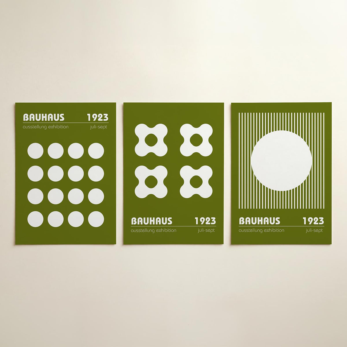 Cirkelritme posterset – detailweergave – deze poster toont een raster van witte cirkels op een olijfgroene achtergrond. De