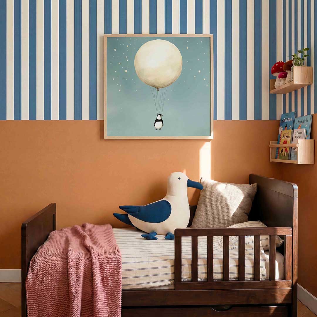 Pinguïn met ballon – kids poster in vierkant formaat