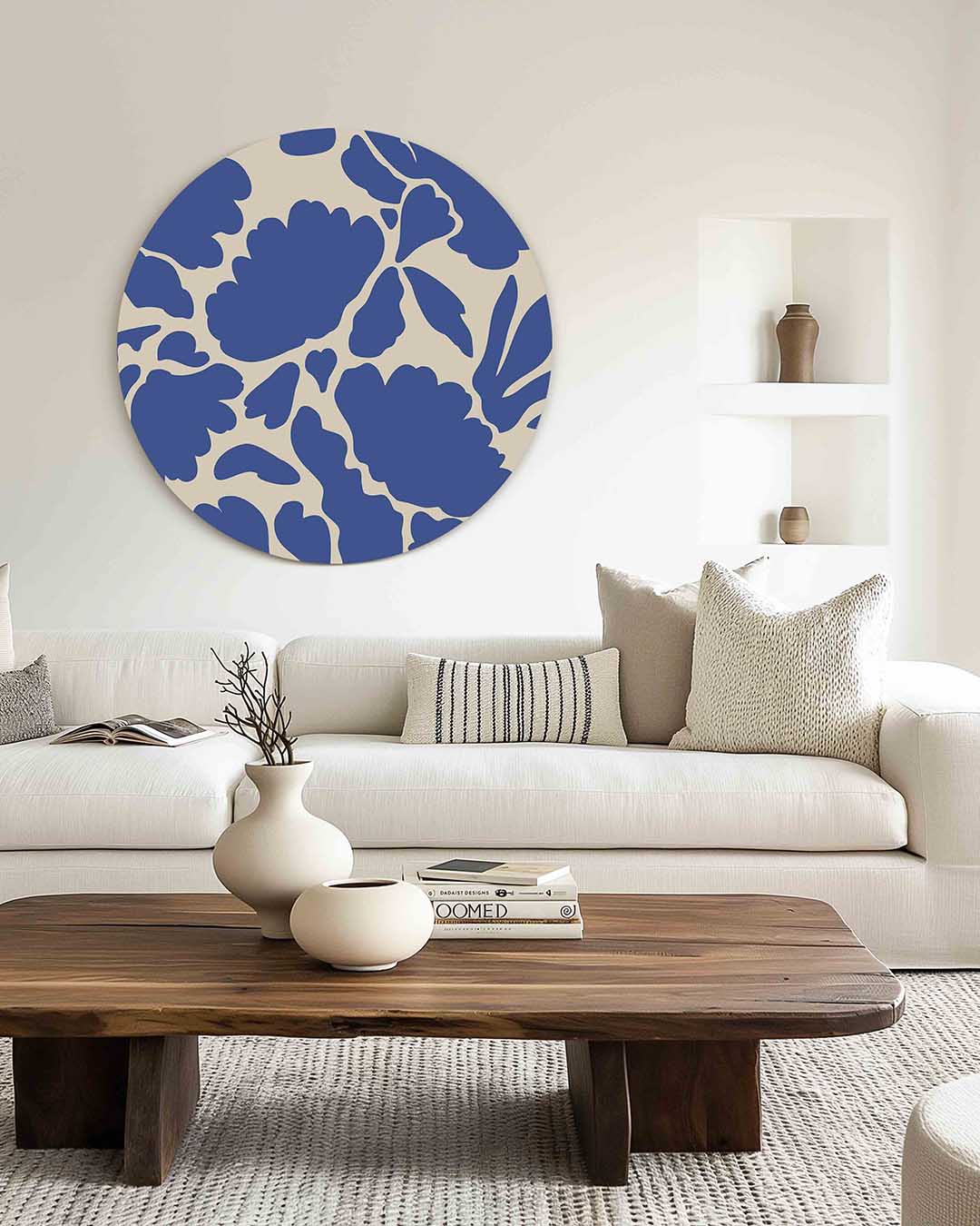 Blauwe bloemen – muurcirkel met kleur en vormen voor aan de muur