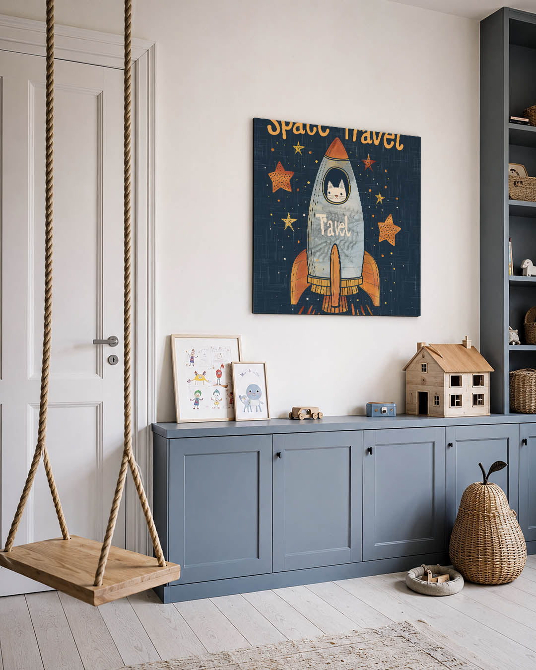 Speelse ruimtereis kunstwerk – vierkante wanddecoratie – dit kunstwerk toont een speelse raket met een kat aan boord, omringd