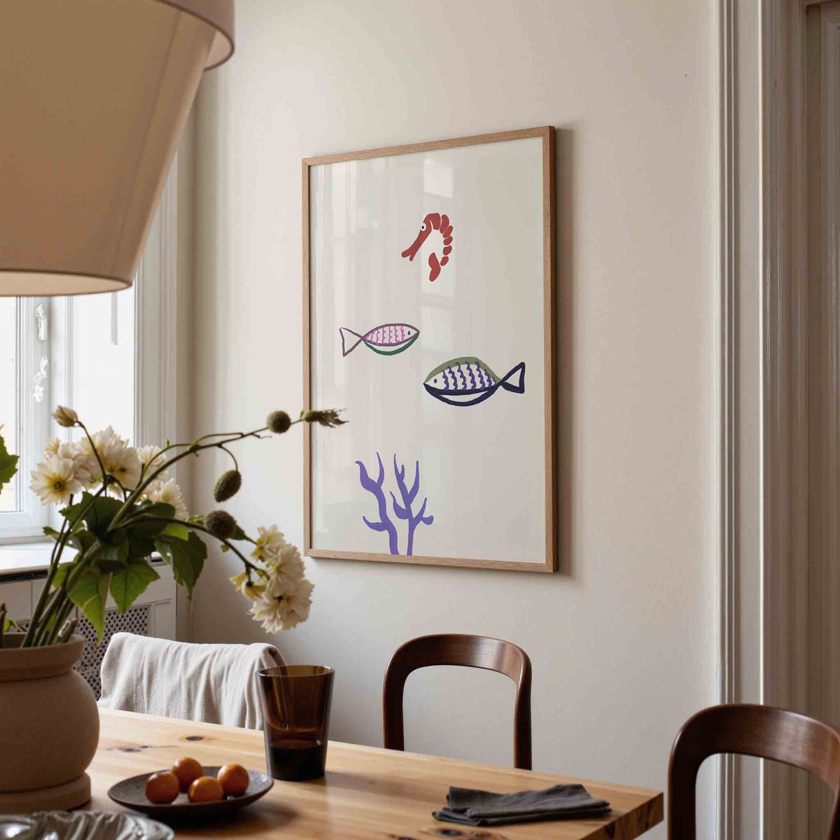 Vissen en garnaal – eigentijdse illustratie poster in staand formaat