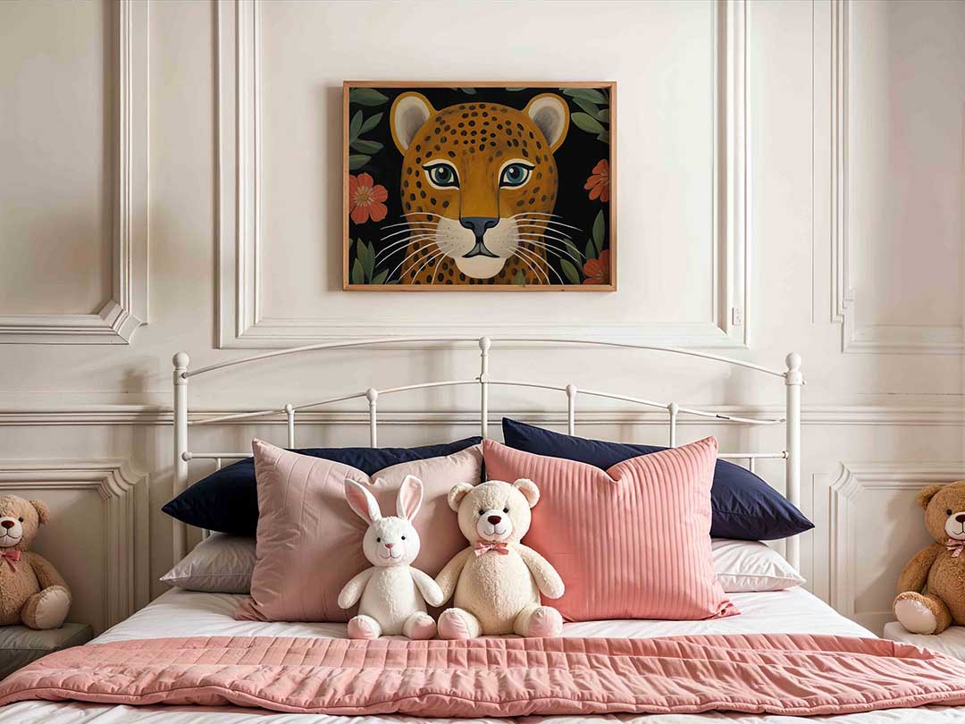 Luipaard en bloemen – kids poster in liggend formaat