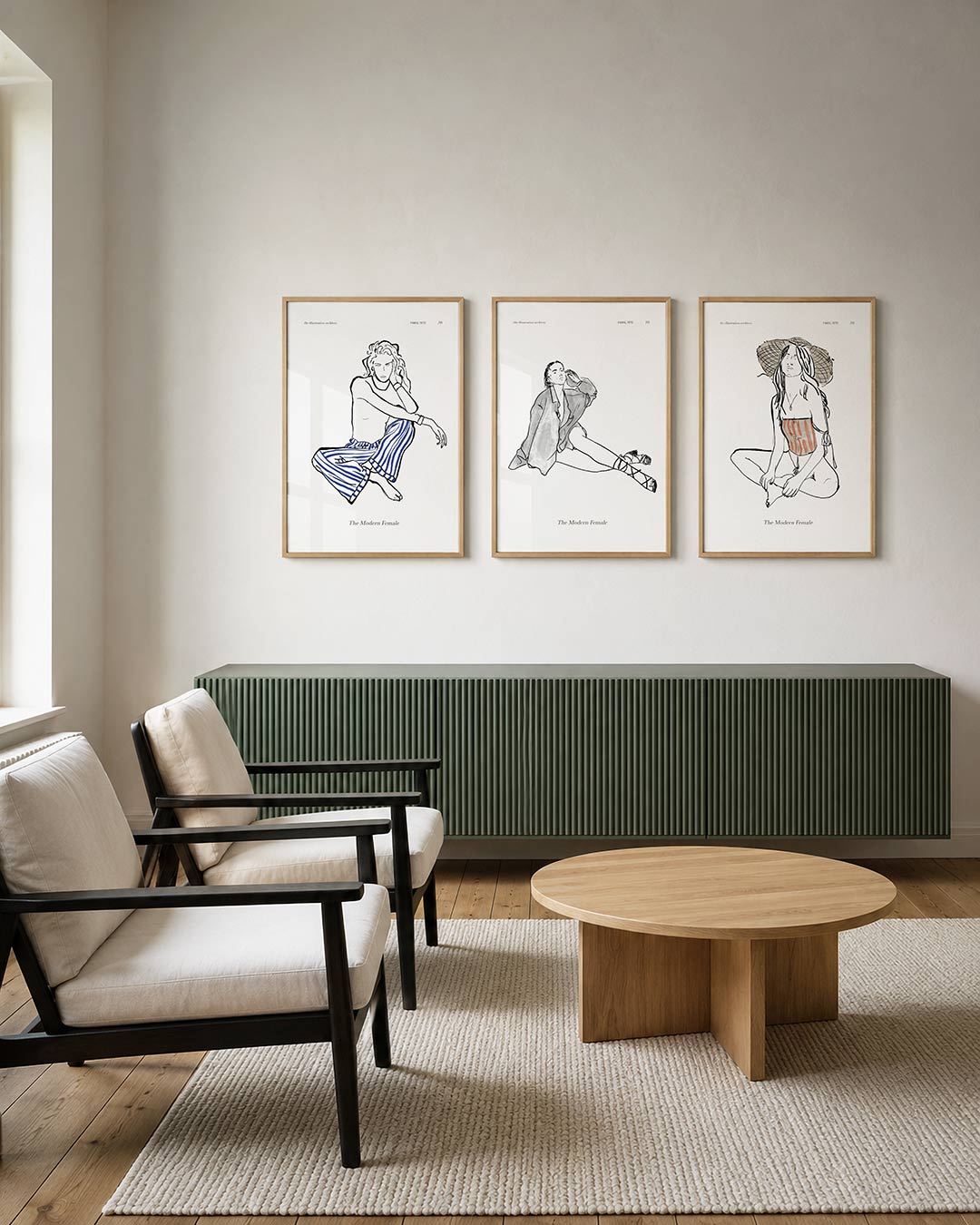Lijnen en strepen posterset – derde productweergave – een ontspannen figuur in zwart-wit lijnen met opvallende blauwe