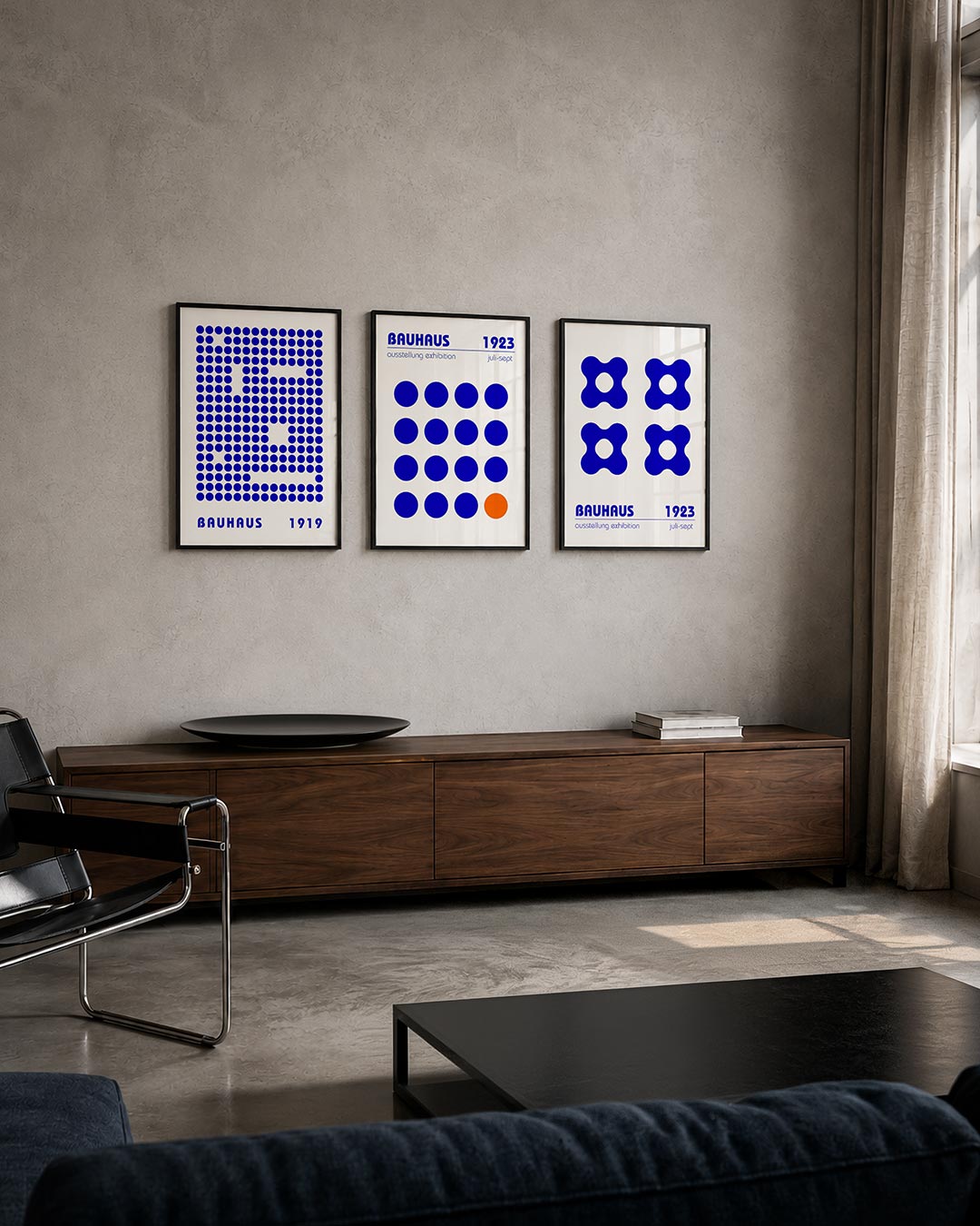 Puntpatroon blauw posterset – tweede productweergave – een raster van blauwe stippen vormt een speels patroon. De stippen