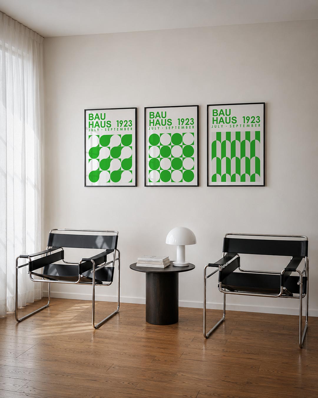 Groene vormenritme posterset – tweede productweergave – deze posterset in drie delen toont een speelse wisselwerking van