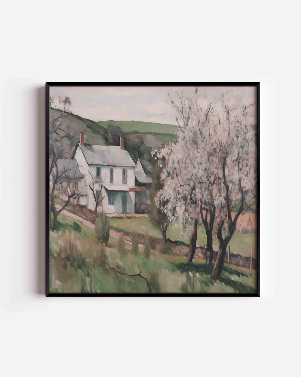 Landelijk huis met bloesem – vintage vierkante poster als wanddecoratie