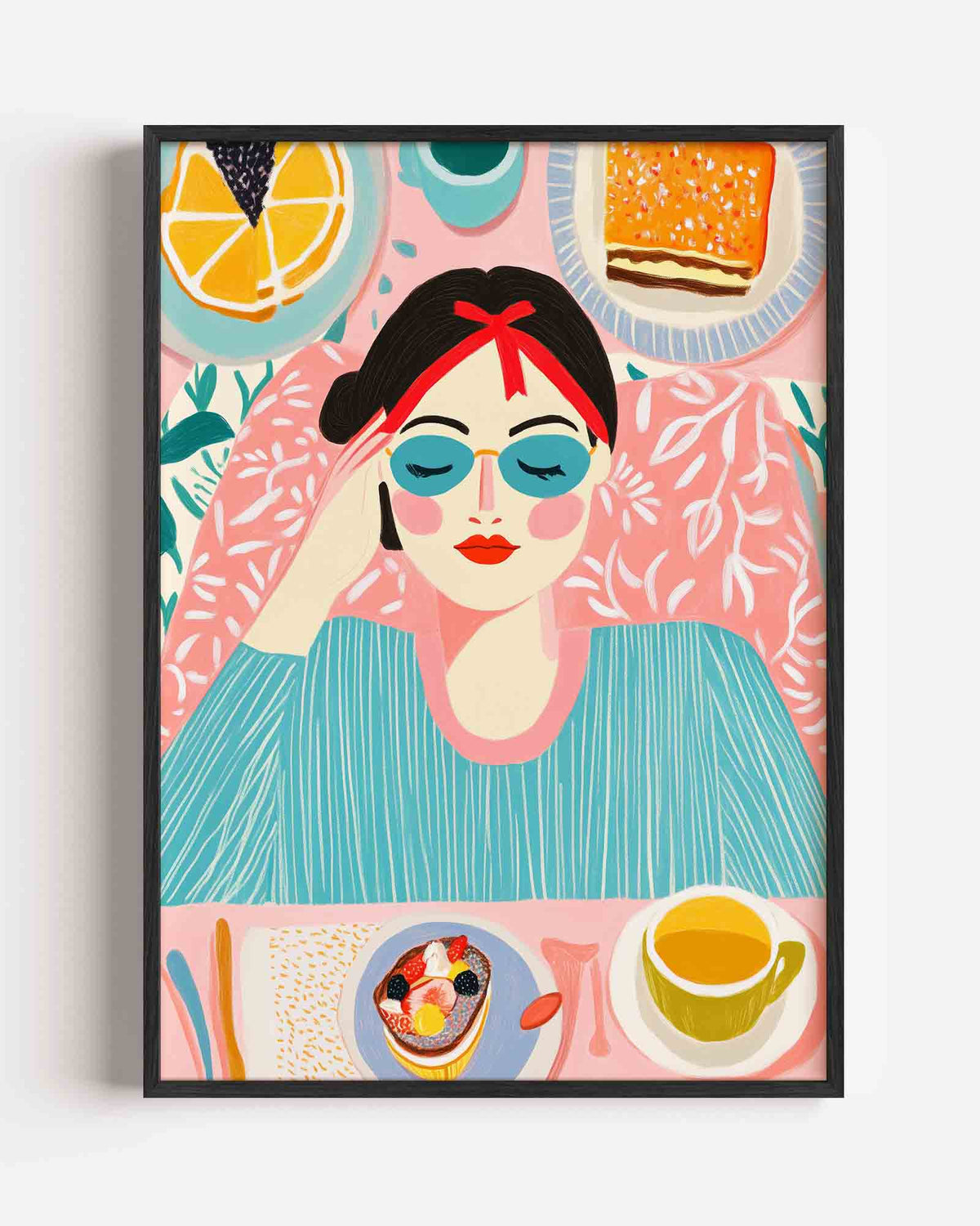 Ontspannen vrouw met ontbijt – moderne portret poster als wanddecoratie
